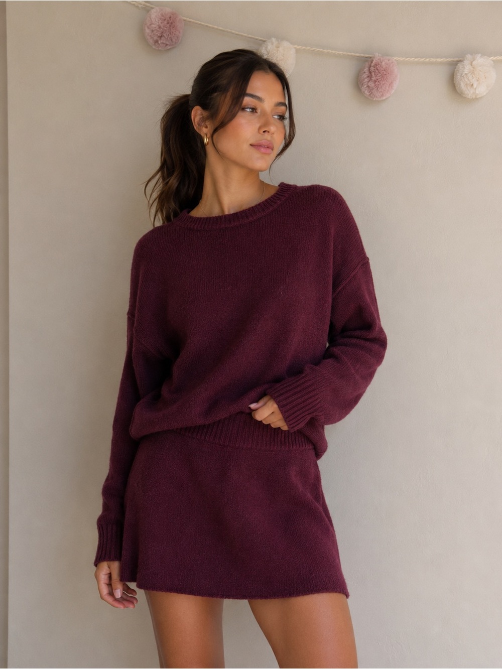 Women's Scoop Neck Knit Sweater and Skirt Set - Plum